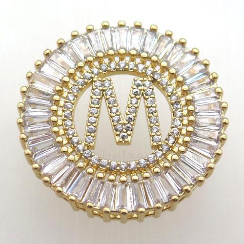 copper letter-M pendant paved zircon, gold plated