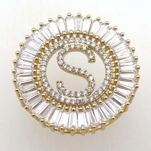 copper letter-S pendant paved zircon, gold plated