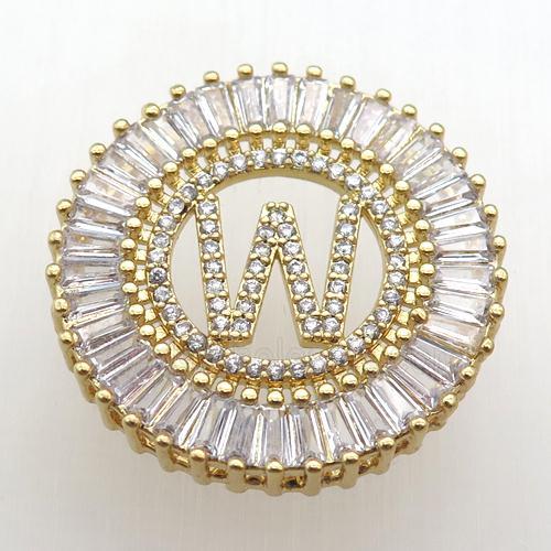 copper letter-W pendant paved zircon, gold plated
