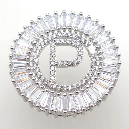 copper letter-P pendant paved zircon, platinum plated