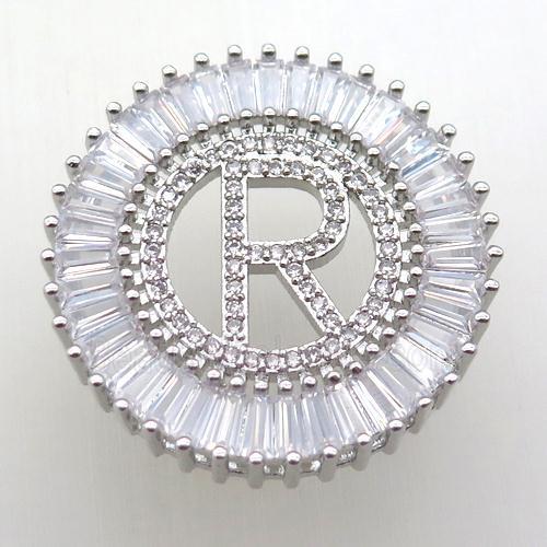 copper letter-R pendant paved zircon, platinum plated