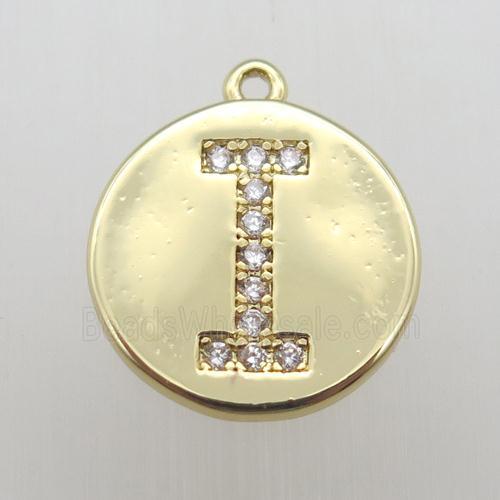 copper letter-I pendant pave zircon, gold plated