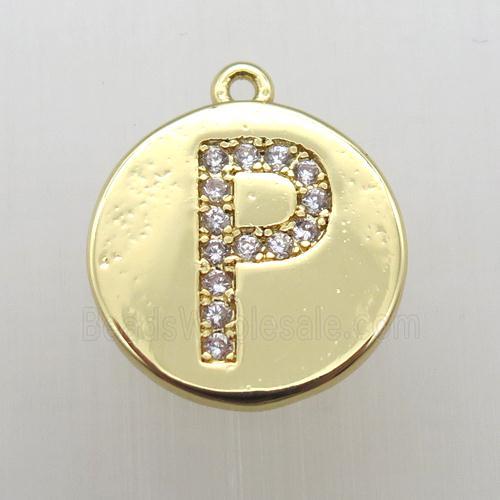 copper letter-P pendant pave zircon, gold plated