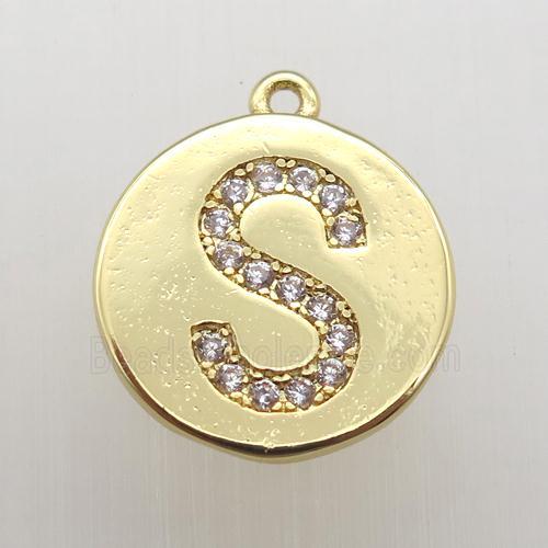 copper letter-S pendant pave zircon, gold plated
