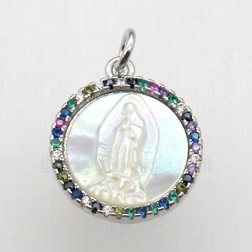 copper circle pendant pave zircon, shell Jesus, platinum plated