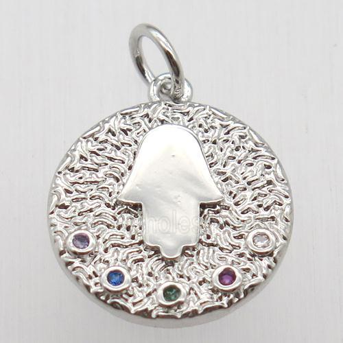 copper circle pendant pave zircon, hamsahand, platinum plated