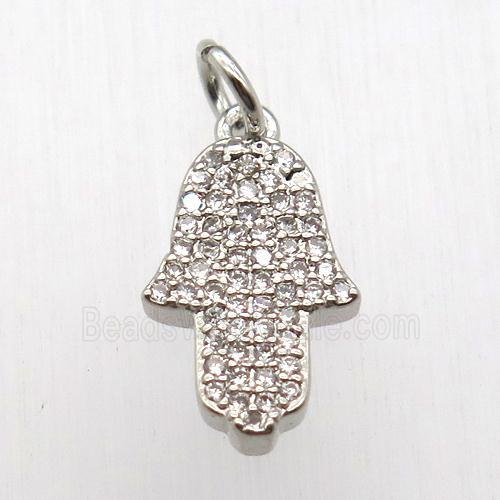 copper hamsahand pendant pave zircon, platinum plated