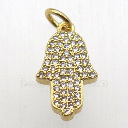 copper hamsahand pendant pave zircon, gold plated