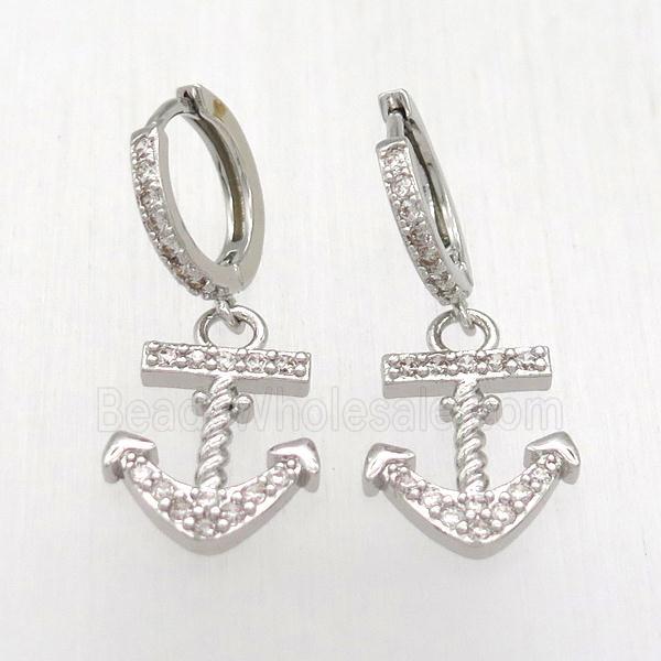 copper anchor Hoop Earrings pave zircon, platinum plated