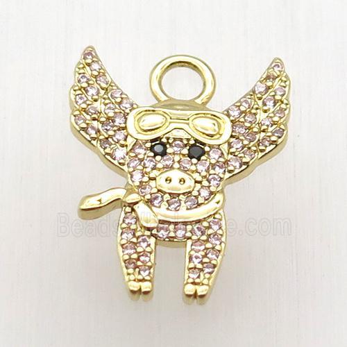 copper pig pendant paved zircon, gold plated