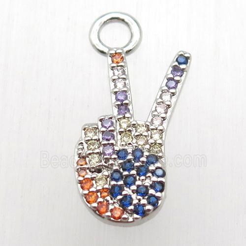 copper pendant paved zircon, win sign, platinum plated