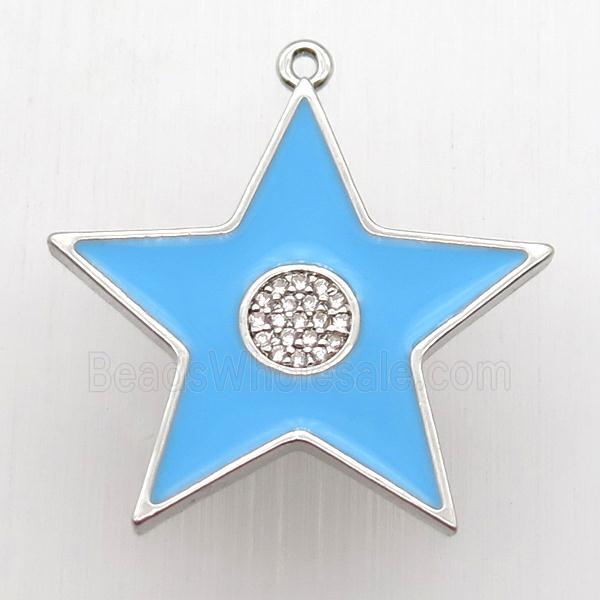 copper star pendant paved zircon, blue enameling, platinum plated