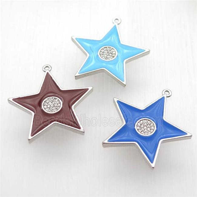 copper star pendant paved zircon, enameling, platinum plated, mixed