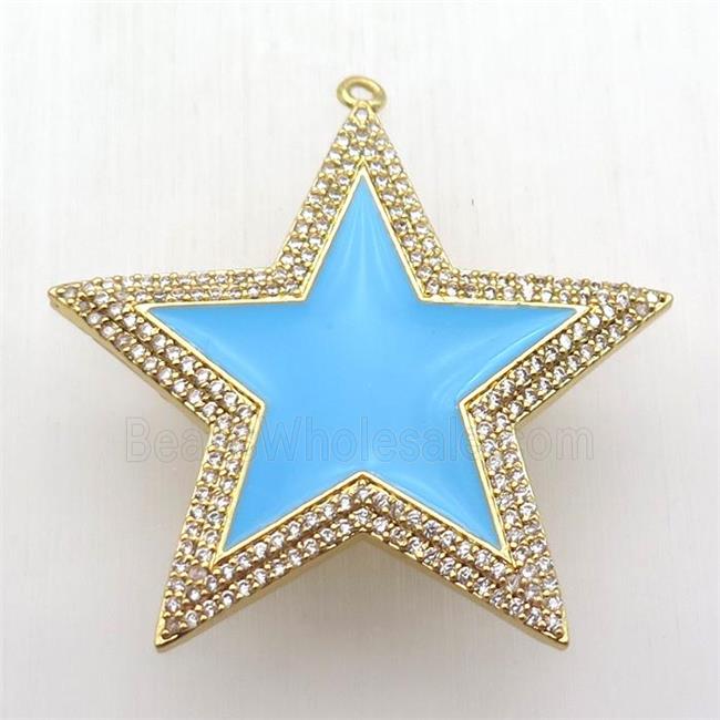 copper star pendant paved zircon, blue enameling, gold plated