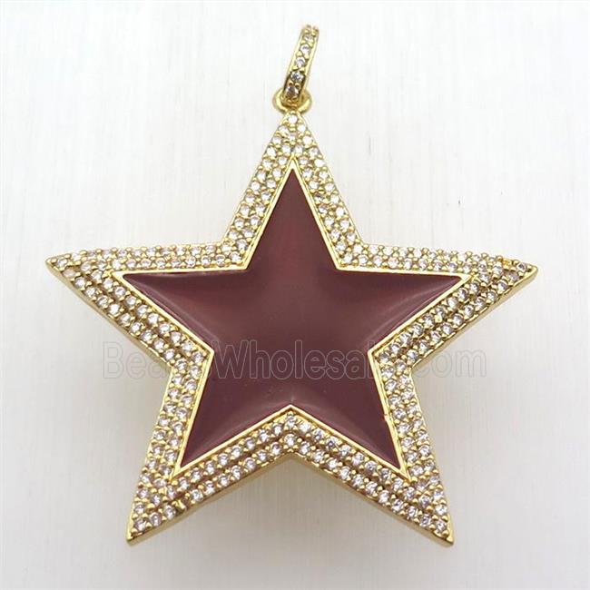 copper star pendant paved zircon, red enameling, gold plated