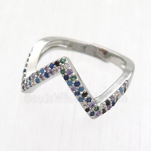 copper Ring paved zircon, resizable, platinum plated