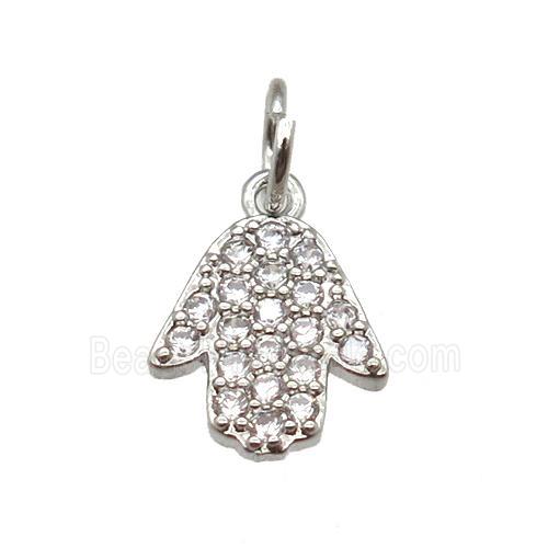 copper hamsahand pendant paved zircon, platinum plated