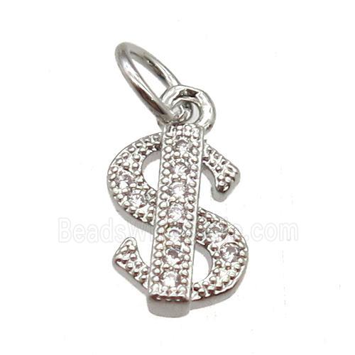copper dollar-sign pendant paved zircon, platinum plated