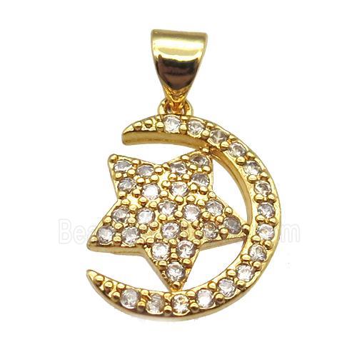 copper moon star pendant paved zircon, gold plated
