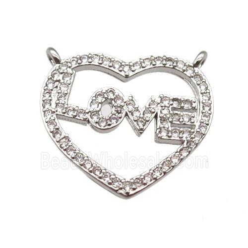 copper LOVE heart pendant paved zircon with 2loops, platinum plated