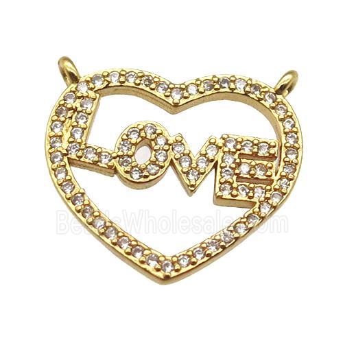 copper LOVE heart pendant paved zircon with 2loops, gold plated