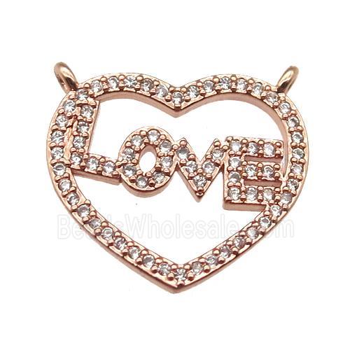 copper LOVE heart pendant paved zircon with 2loops, rose gold