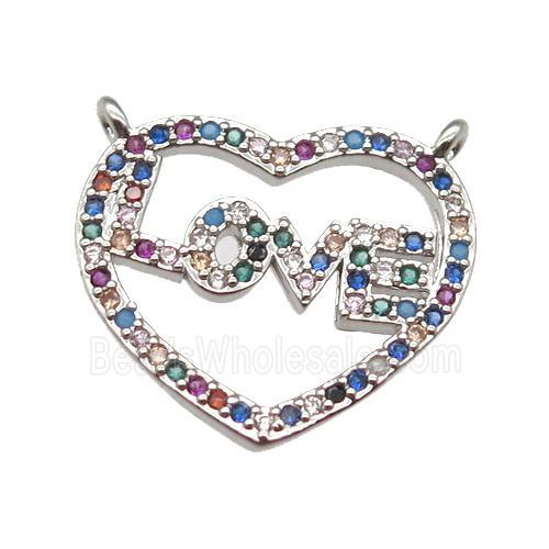 copper LOVE heart pendant paved zircon with 2loops, platinum plated