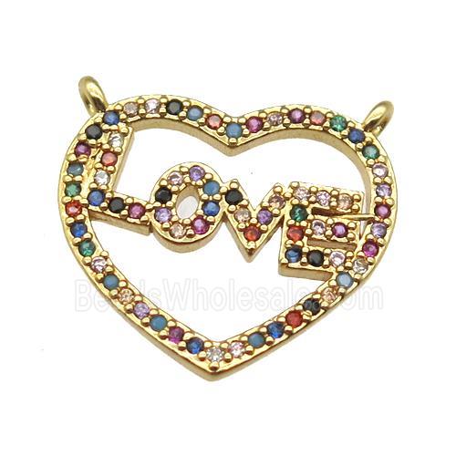 copper LOVE heart pendant paved zircon with 2loops, gold plated
