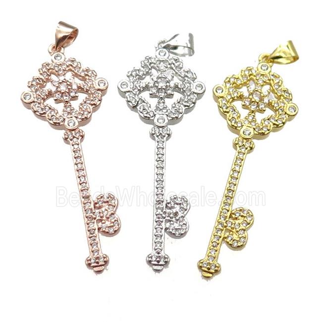 copper Key charm pendant pave zircon, mixed color