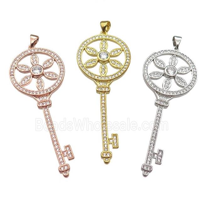 copper Key charm pendant pave zircon, mixed color