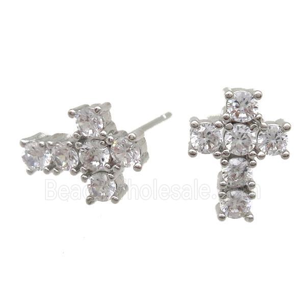 copper studs Earring paved zircon, cross, platinum plated