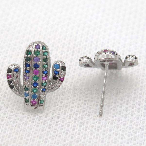 copper studs Earring paved zircon, cactus, platinum plated