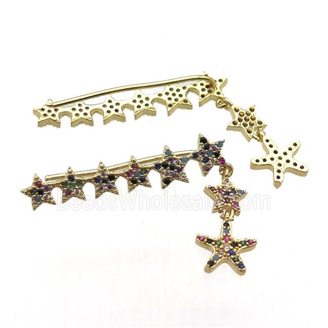 copper star brooch paved zircon, gold plated