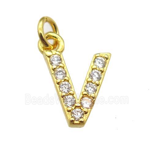 copper letter-V pendant paved zircon, gold plated