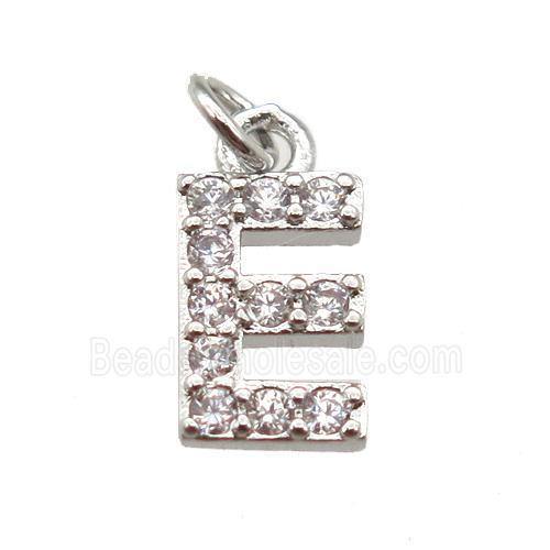 copper letter-E pendant paved zircon, platinum plated
