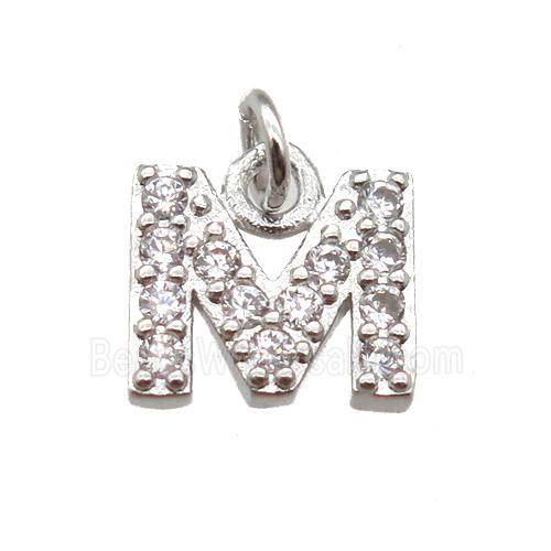 copper letter-M pendant paved zircon, platinum plated