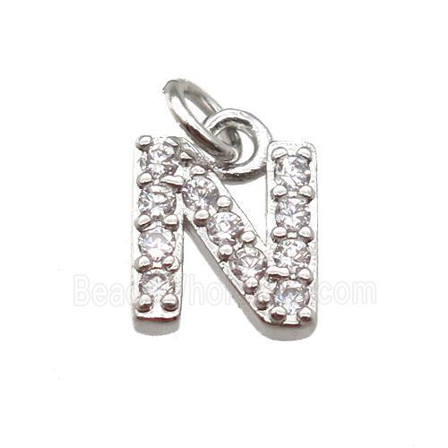 copper letter-N pendant paved zircon, platinum plated