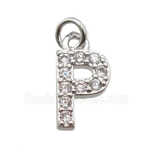 copper letter-P pendant paved zircon, platinum plated