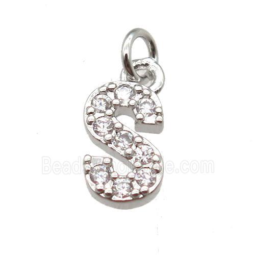 copper letter-S pendant paved zircon, platinum plated