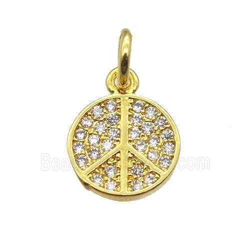 copper pendant paved zircon, peace sign, gold plated