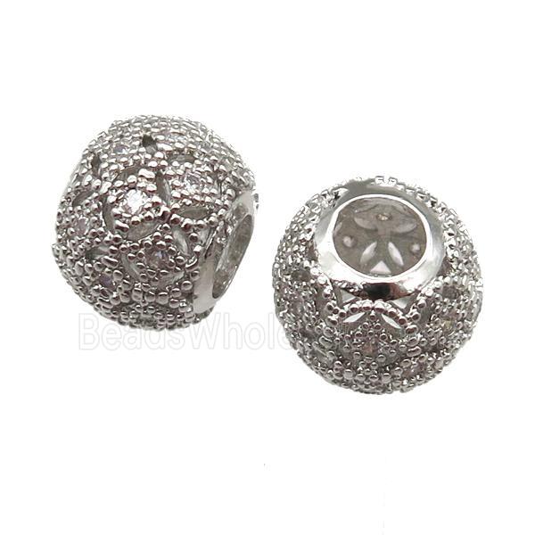 European Style copper round beads paved zircon, platinum plated