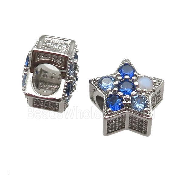 European Style copper star beads pave zircon, platinum plated