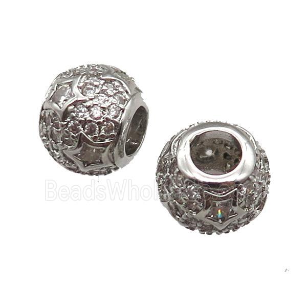 European Style copper round beads paved zircon, platinum plated