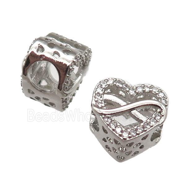European Style copper heart beads paved zircon, platinum plated
