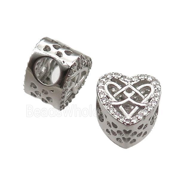 European Style copper heart beads paved zircon, platinum plated