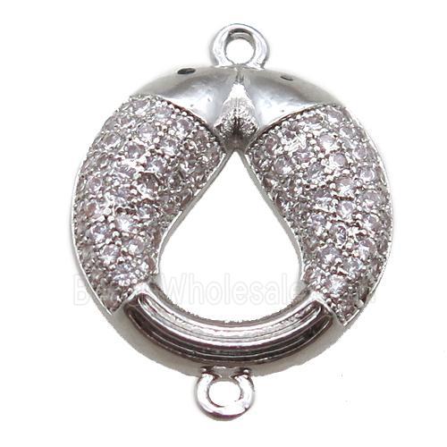 copper Pisces connector paved zircon, platinum plated