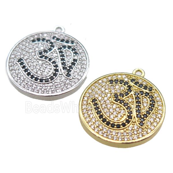 copper circle pendant paved zircon with Om symbol, mixed color