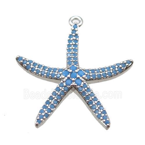 copper starfish pendant paved zircon, turq, platinum plated