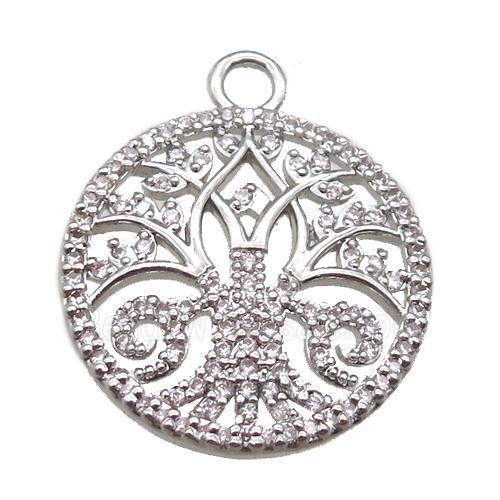 copper circle pendant paved zircon, platinum plated