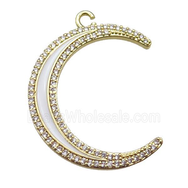 copper crescent moon pendant paved zircon, enameling, gold plated